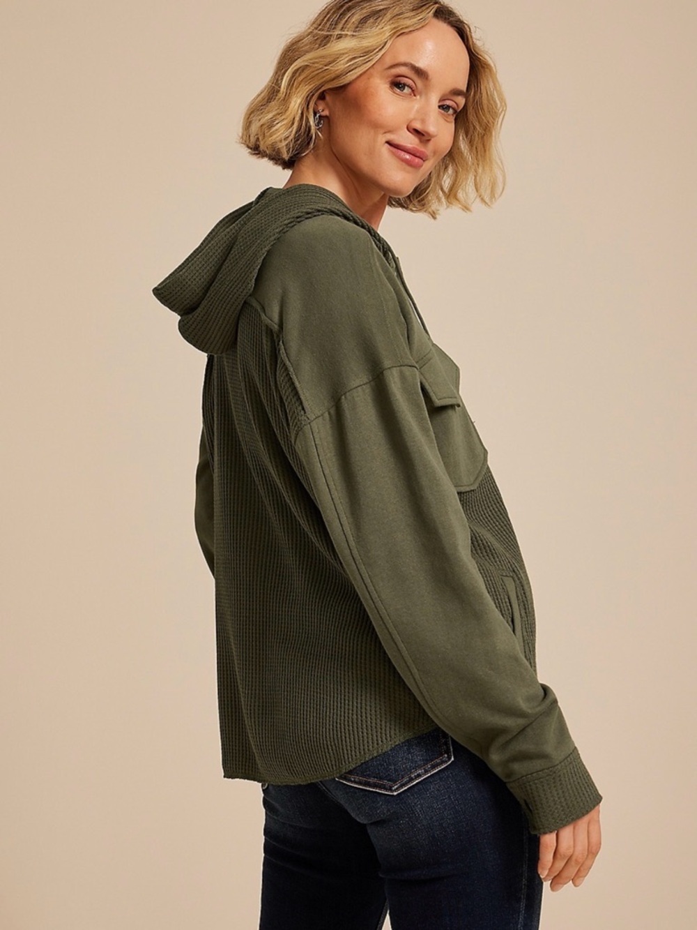 Maurices Olive Green Hooded waffle Shirt Jacket